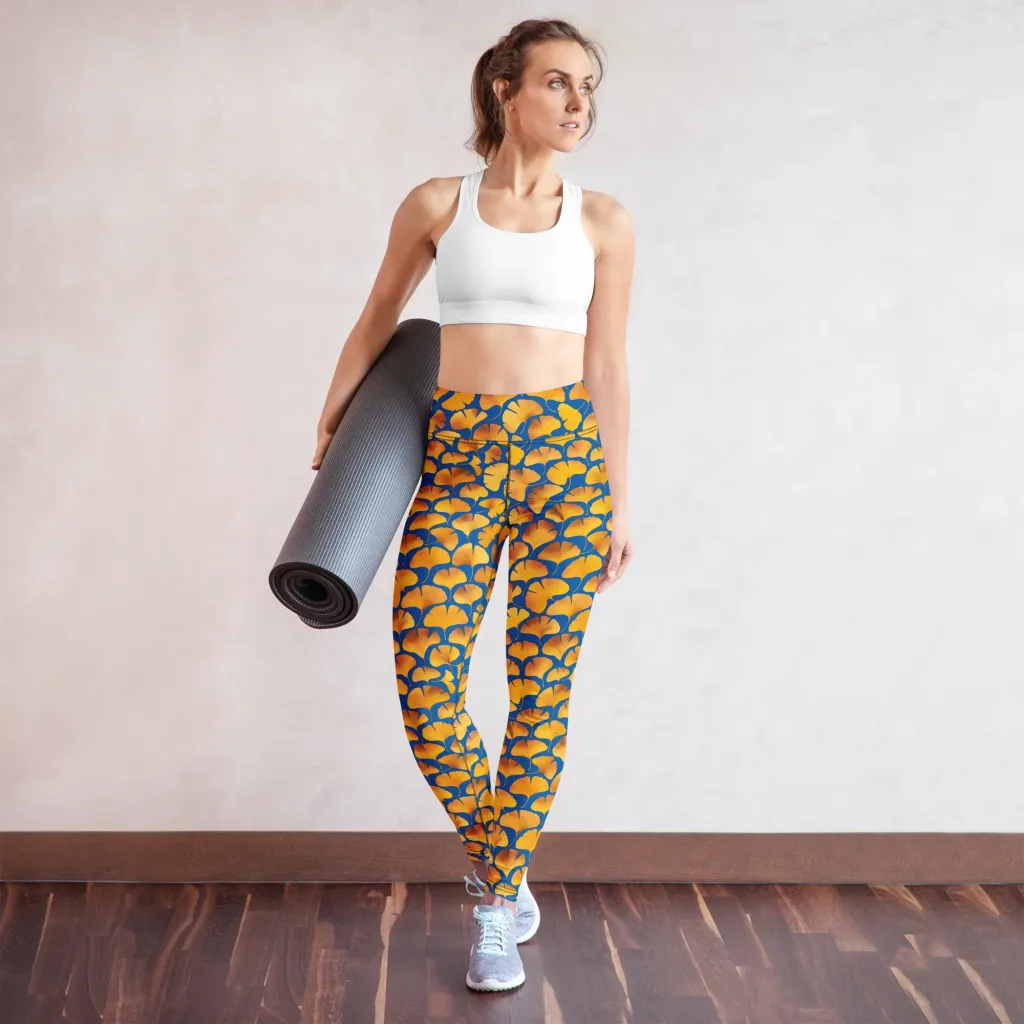 Blue Ginkgo on Yoga Leggings — Front