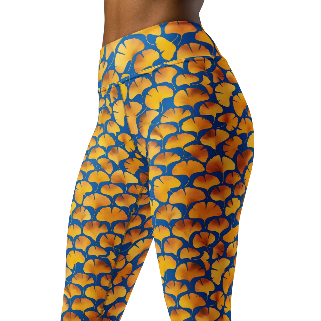 Blue Ginkgo on Yoga Leggings — Left Front