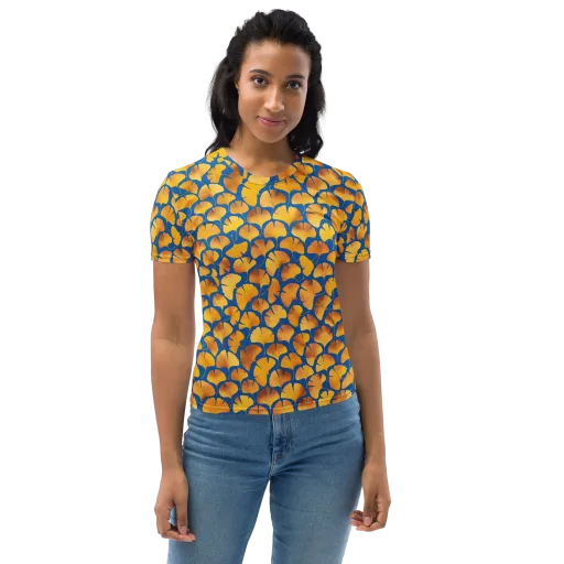 Blue Ginkgo on a Women's Crew Neck T-Shirt