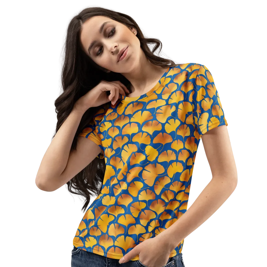 Blue Ginkgo on Women's Crew Neck T-Shirt — Left Front