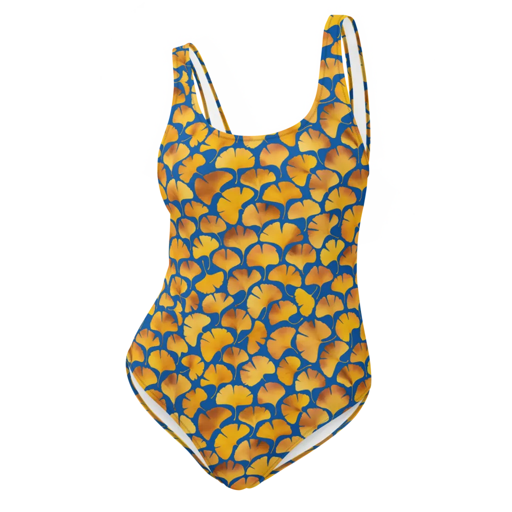 Blue Ginkgo on One-Piece Swimsuit — Front