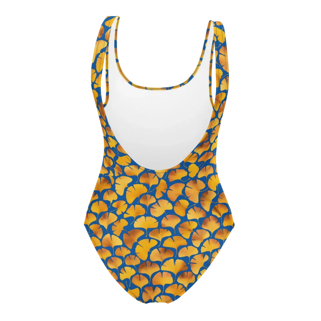Blue Ginkgo on One-Piece Swimsuit — Back