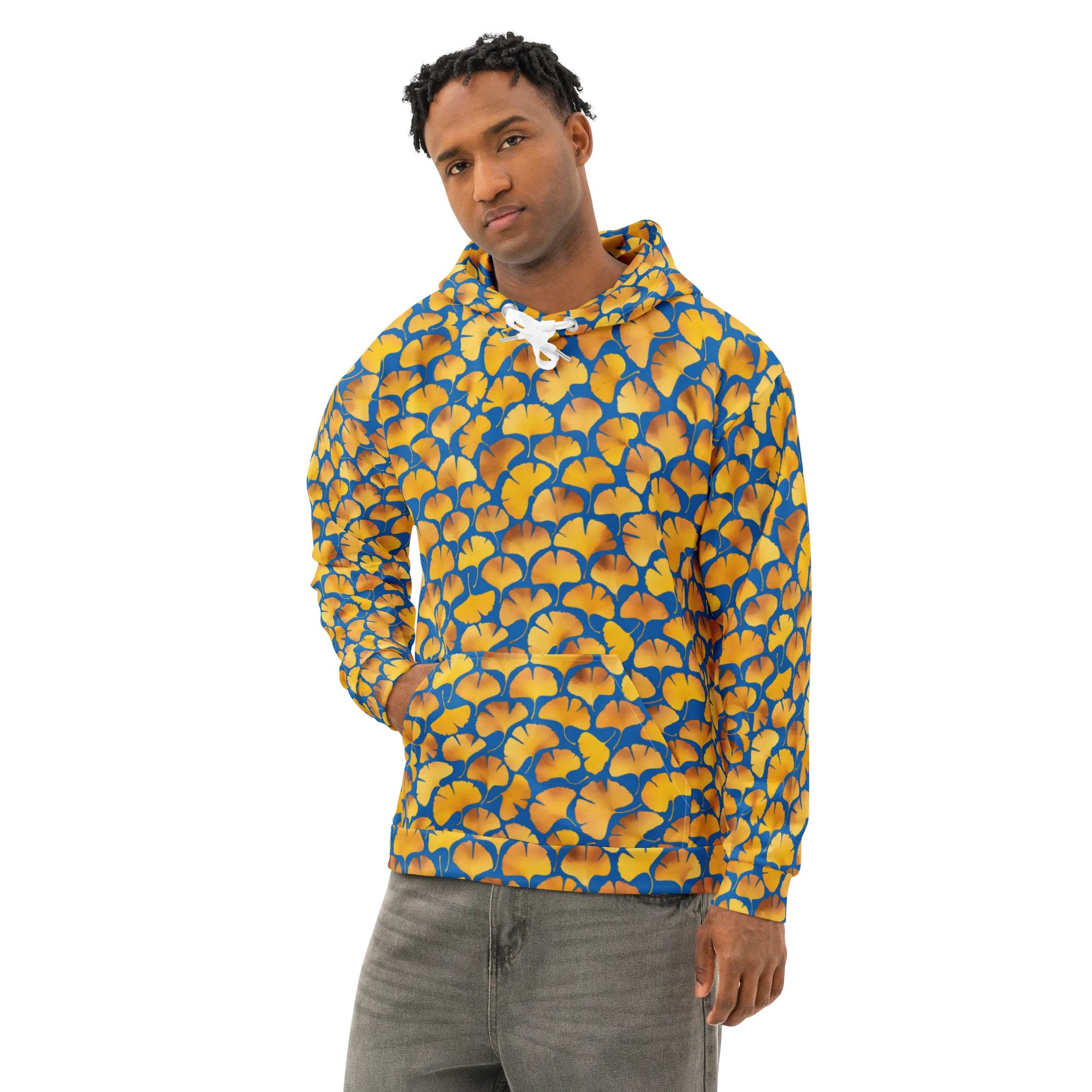 Blue Ginkgo on Cotton Hoodie — Left Front