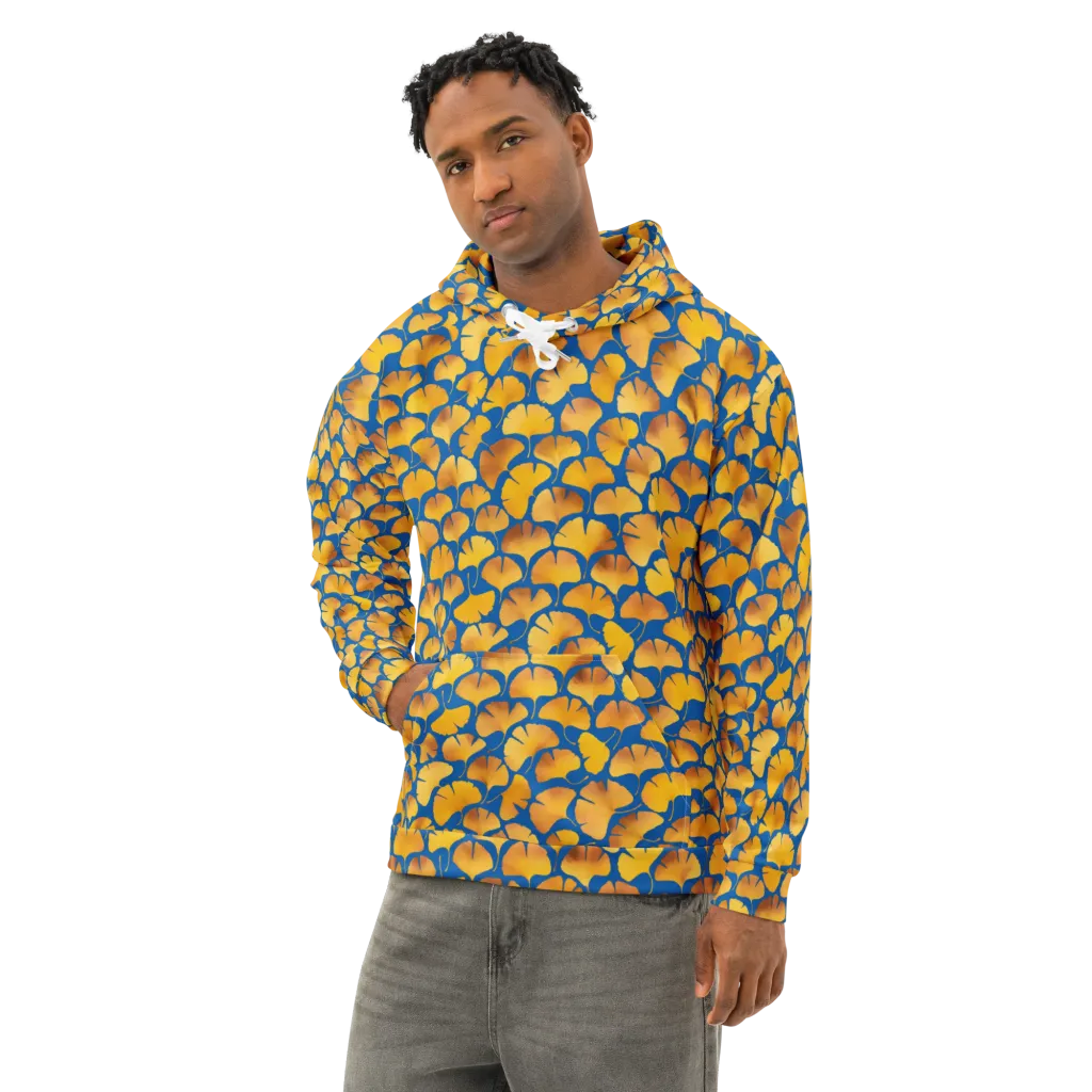 Blue Ginkgo on Cotton Hoodie — Left Front