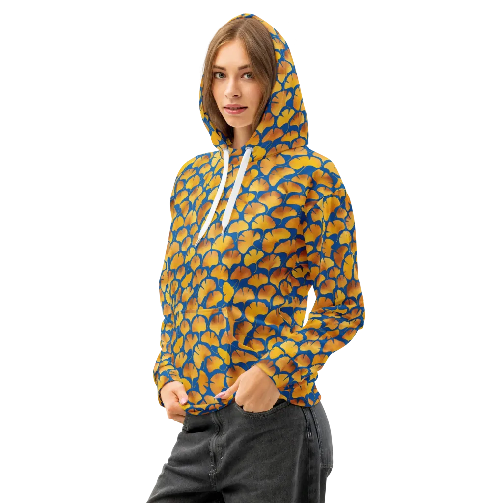 Blue Ginkgo on Cotton Hoodie — Left Front