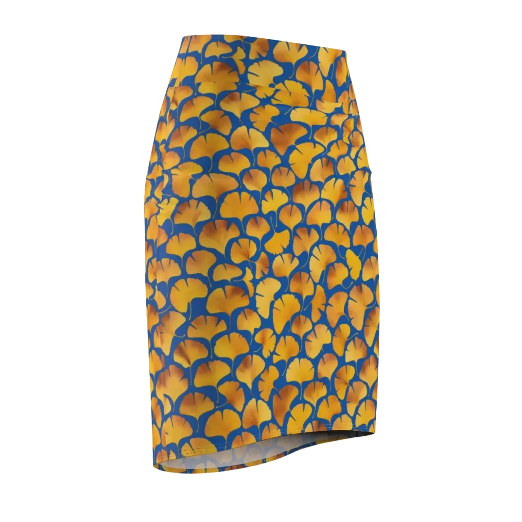 Blue Ginkgo on Pencil Skirt — Front Side