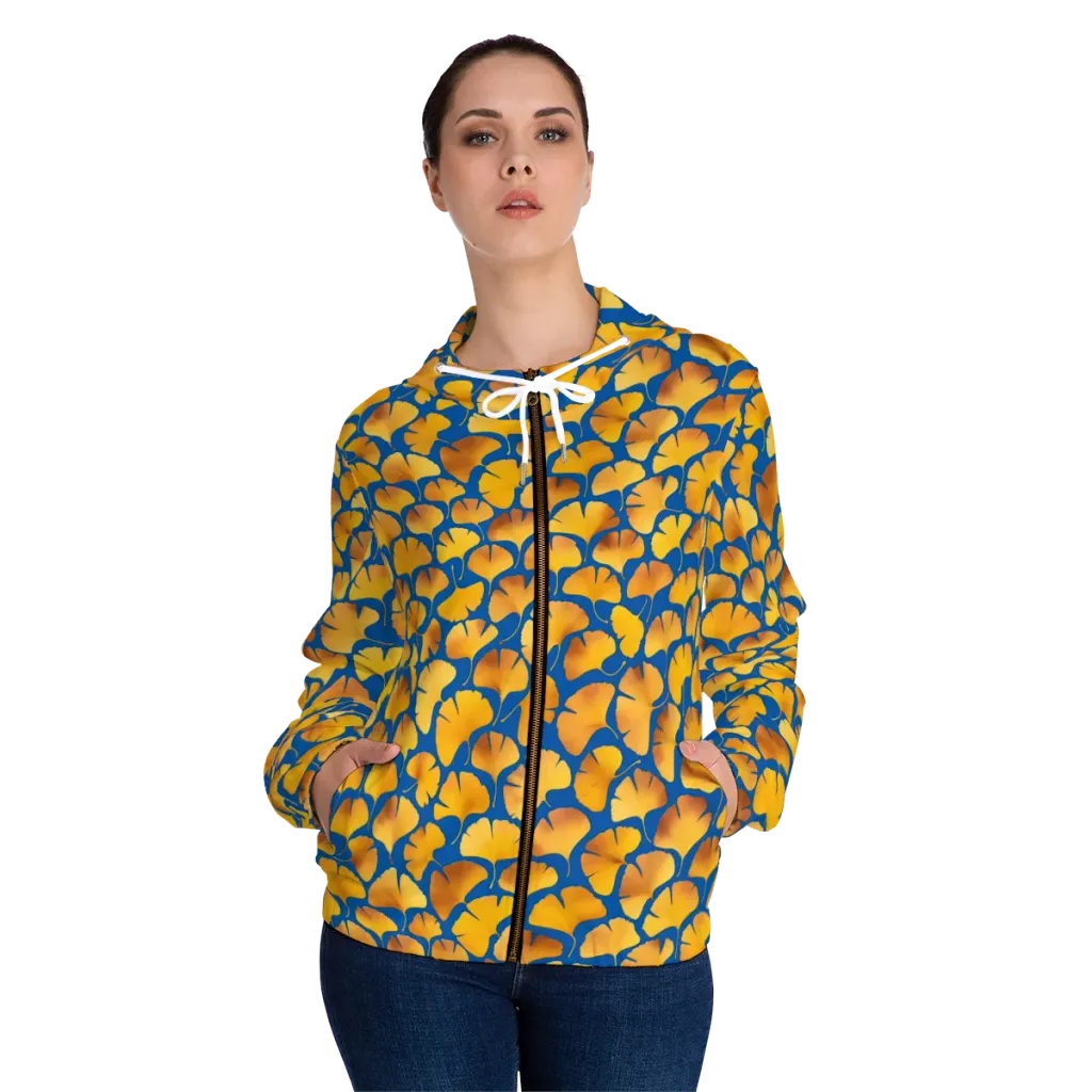 Blue Ginkgo on Women's Full-Zip Hoodie — Front On Person