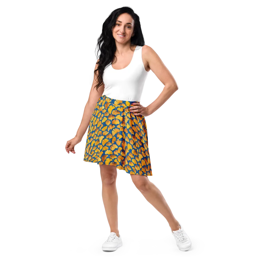 Blue Ginkgo on Skater Skirt — Front