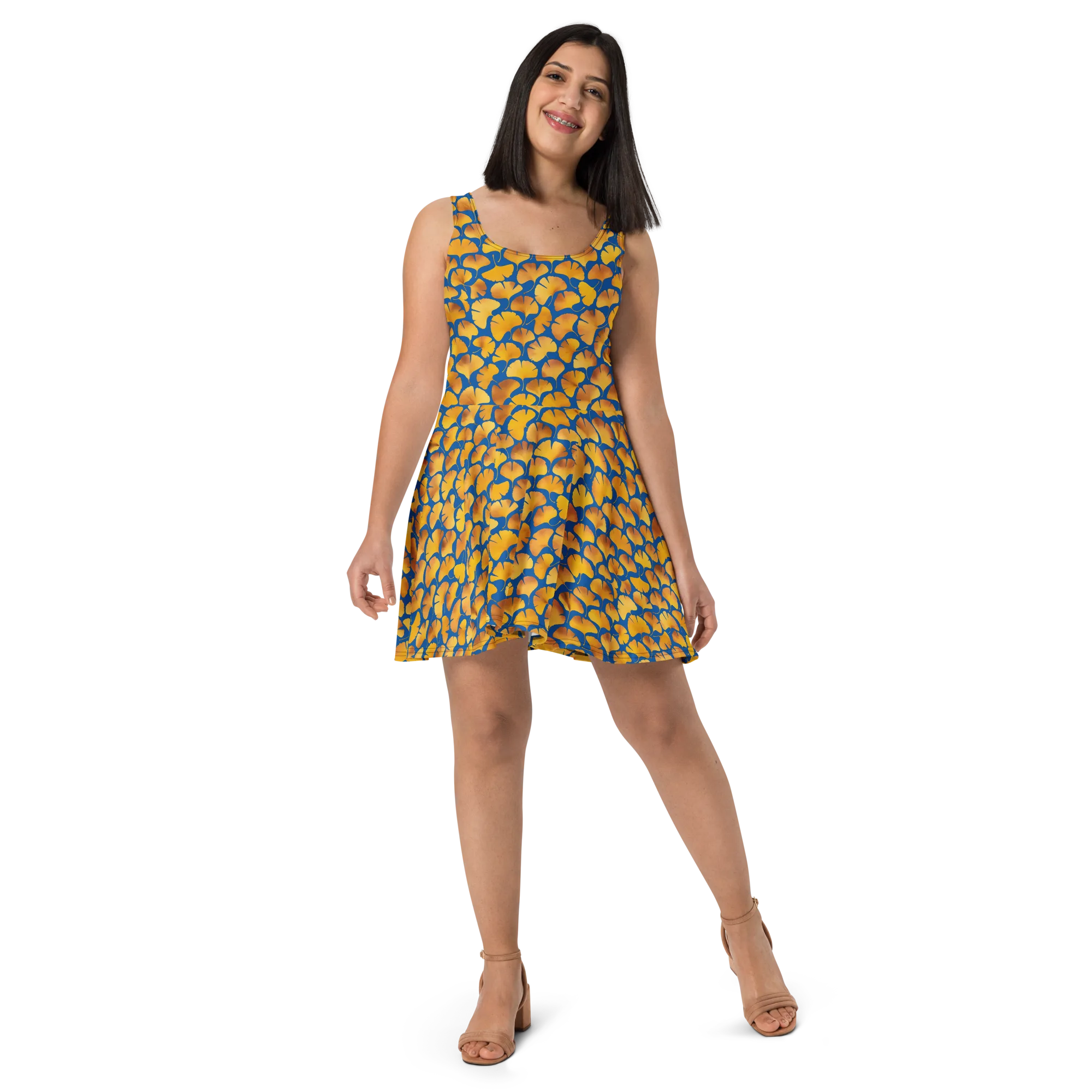Blue Ginkgo on Skater Dress — Front