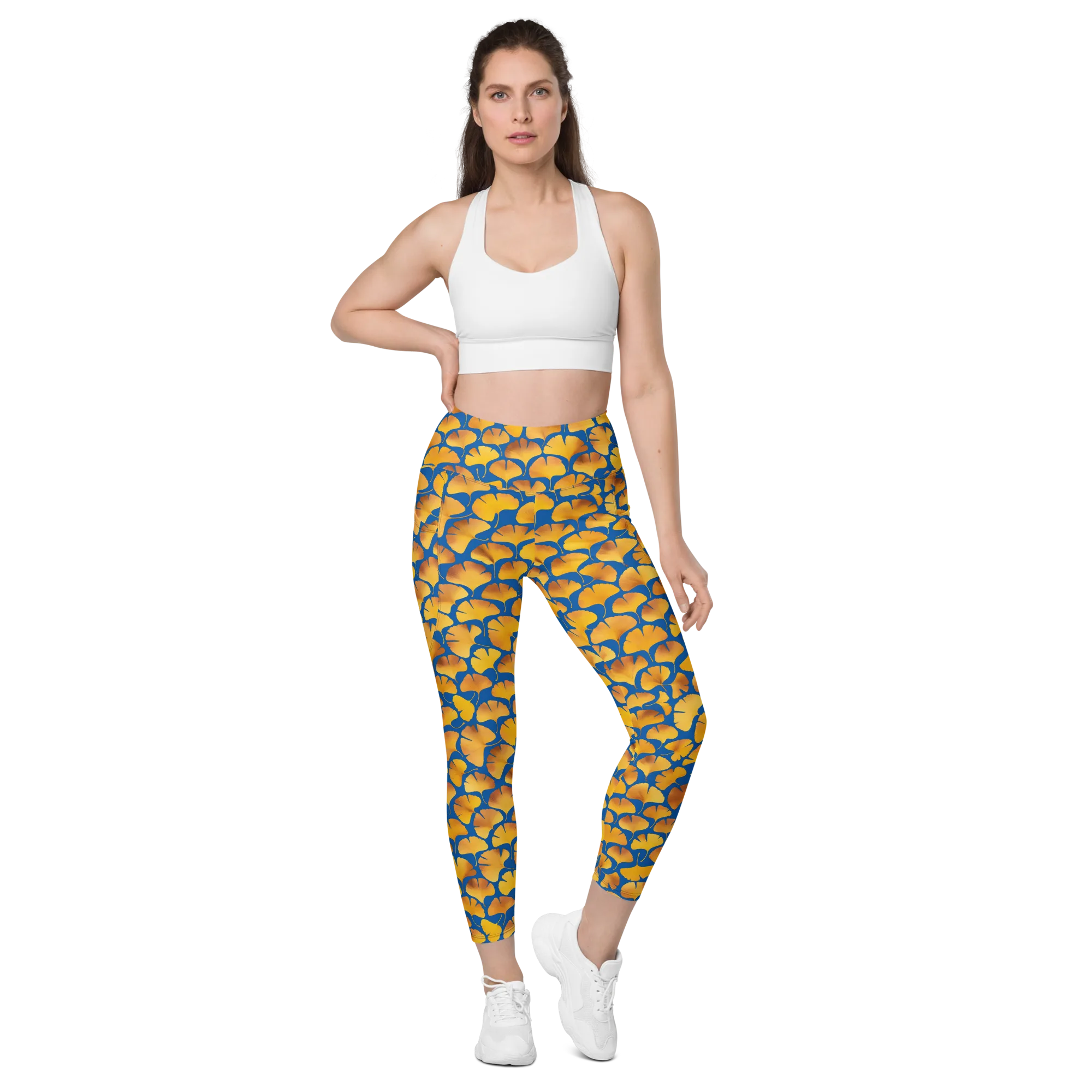 Blue Ginkgo on Leggings with Pockets — Front