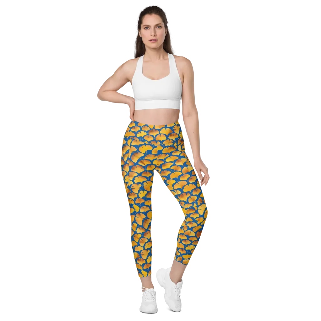 Blue Ginkgo on Leggings with Pockets — Front