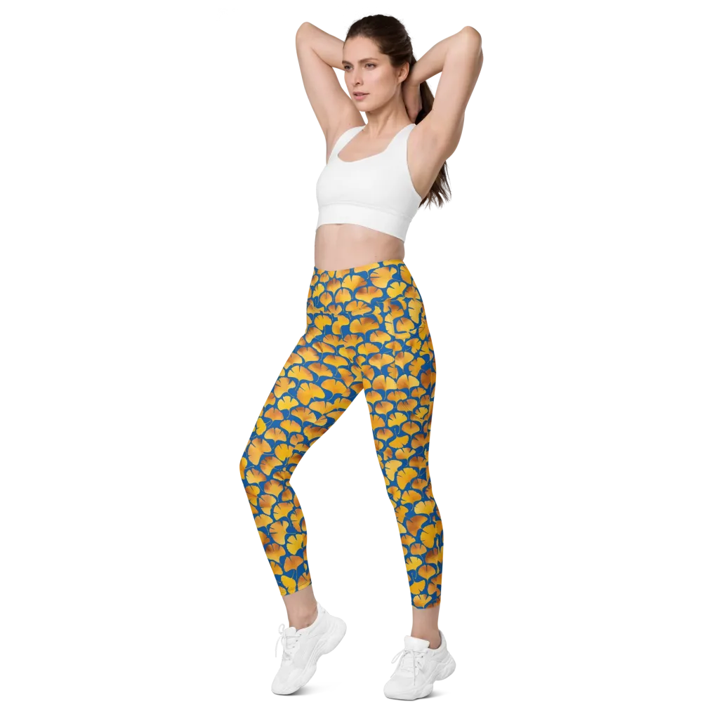 Blue Ginkgo on Leggings with Pockets — Left Front