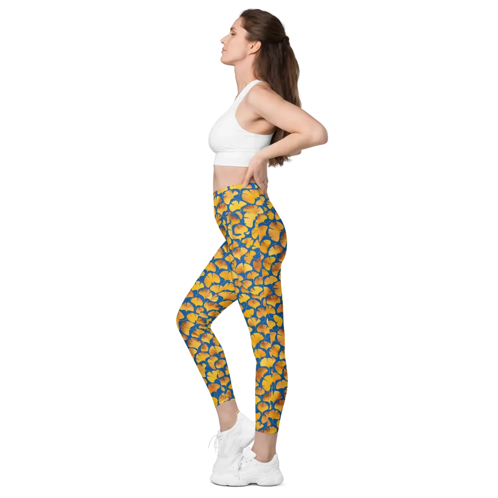 Blue Ginkgo on Leggings with Pockets — Left