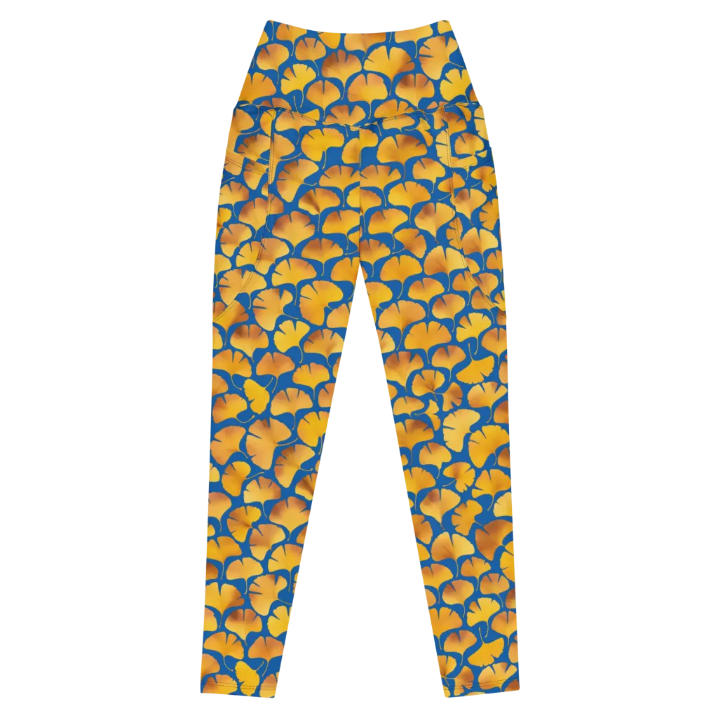 Blue Ginkgo on Leggings with Pockets — Front