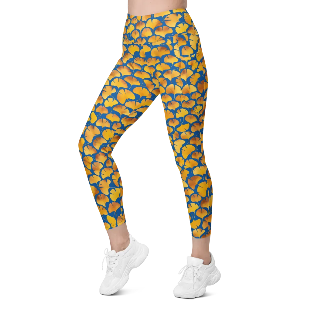 Blue Ginkgo on Leggings with Pockets — Left Front