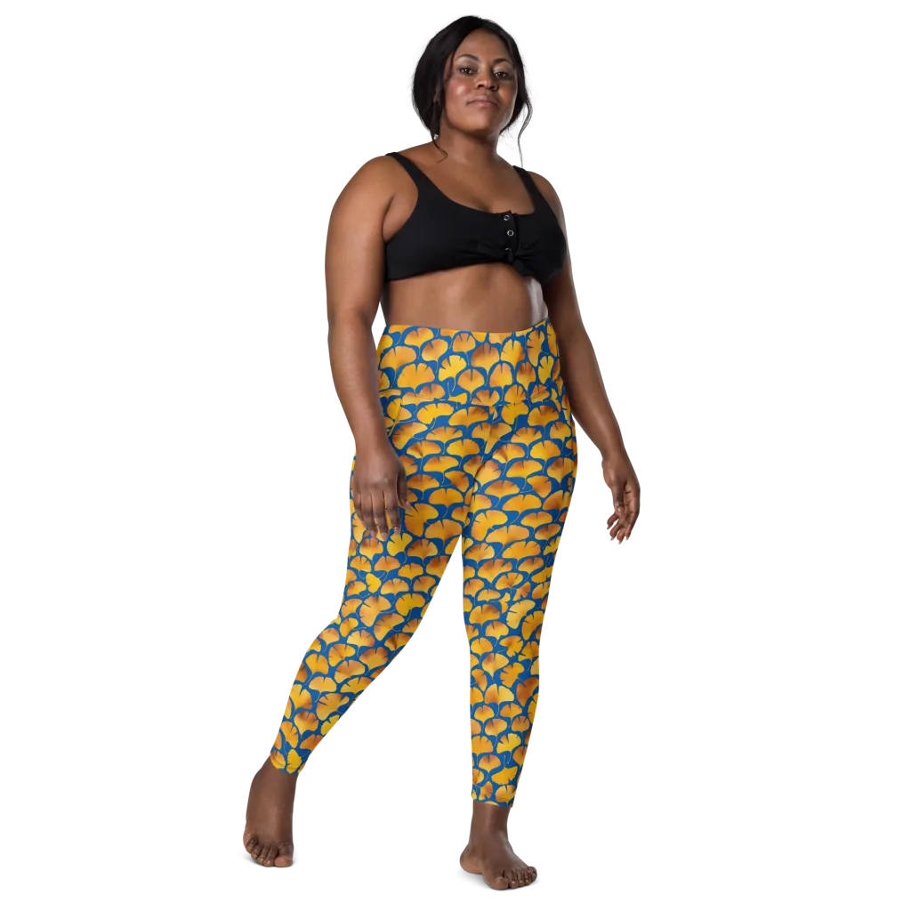 Blue Ginkgo on Leggings with Pockets — Front