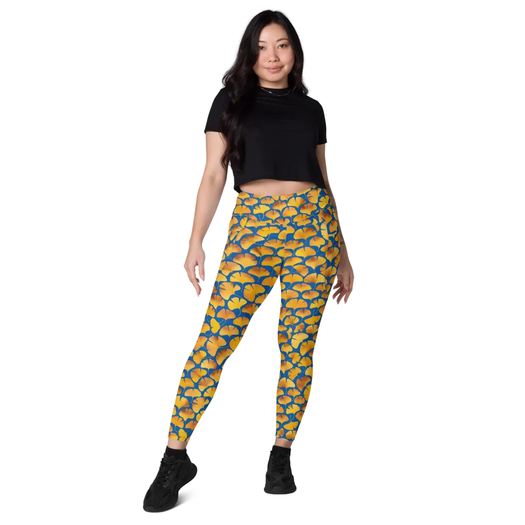 Blue Ginkgo on Leggings with Pockets — Front