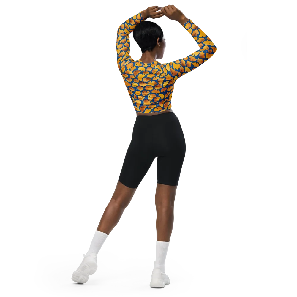 Blue Ginkgo on Long Sleeve Crop Top — Back