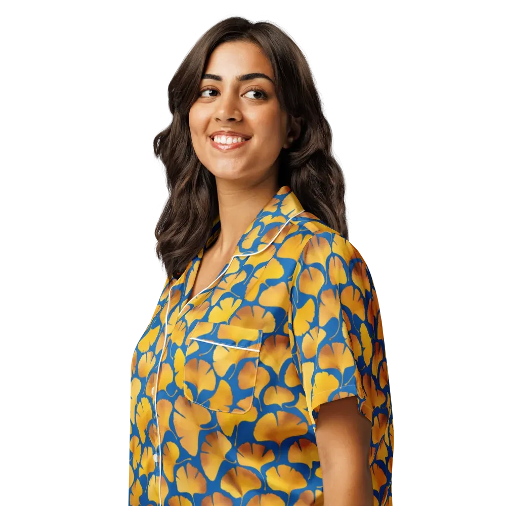Blue Ginkgo on Women's Short Sleeve Pajama Top — Left Front