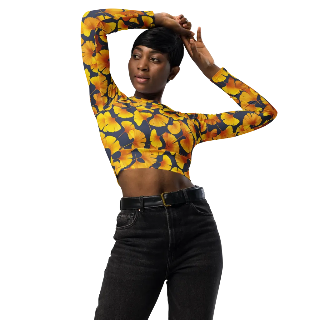 Ginkgo Afterglow on Long Sleeve Crop Top — Front