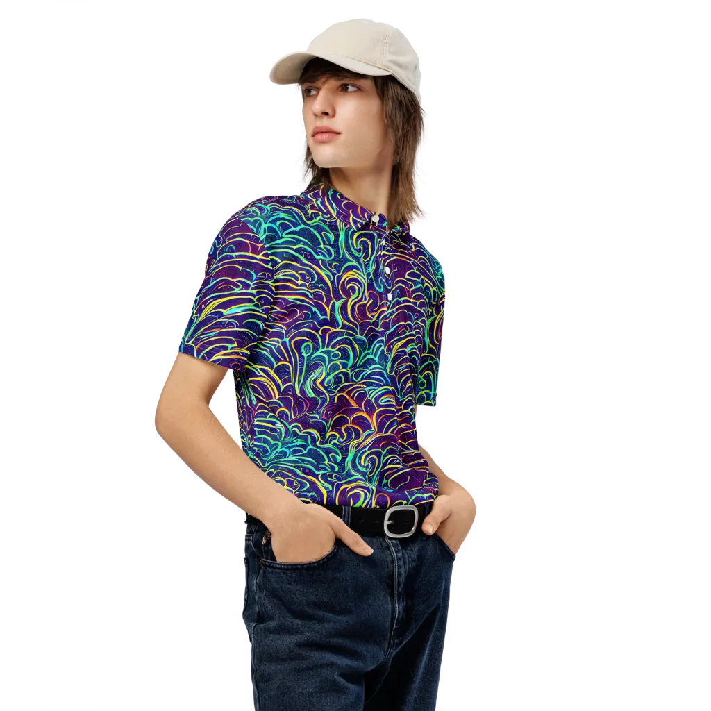 Cosmic Calligraphy on Men's Slim Fit Polo Shirt — Right Front