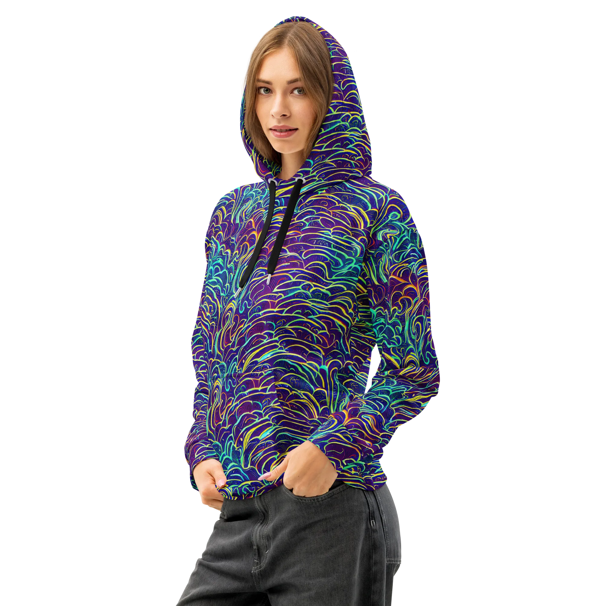 Cosmic Calligraphy on Cotton Hoodie — Left Front