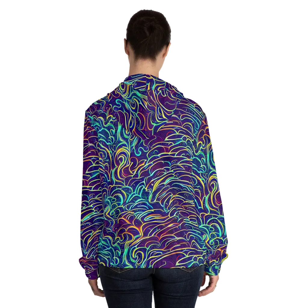 Cosmic Calligraphy on Women's Full-Zip Hoodie — Back On Person