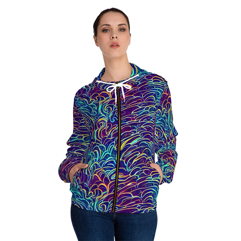 Cosmic Calligraphy on Women's Full-Zip Hoodie — Front On Person