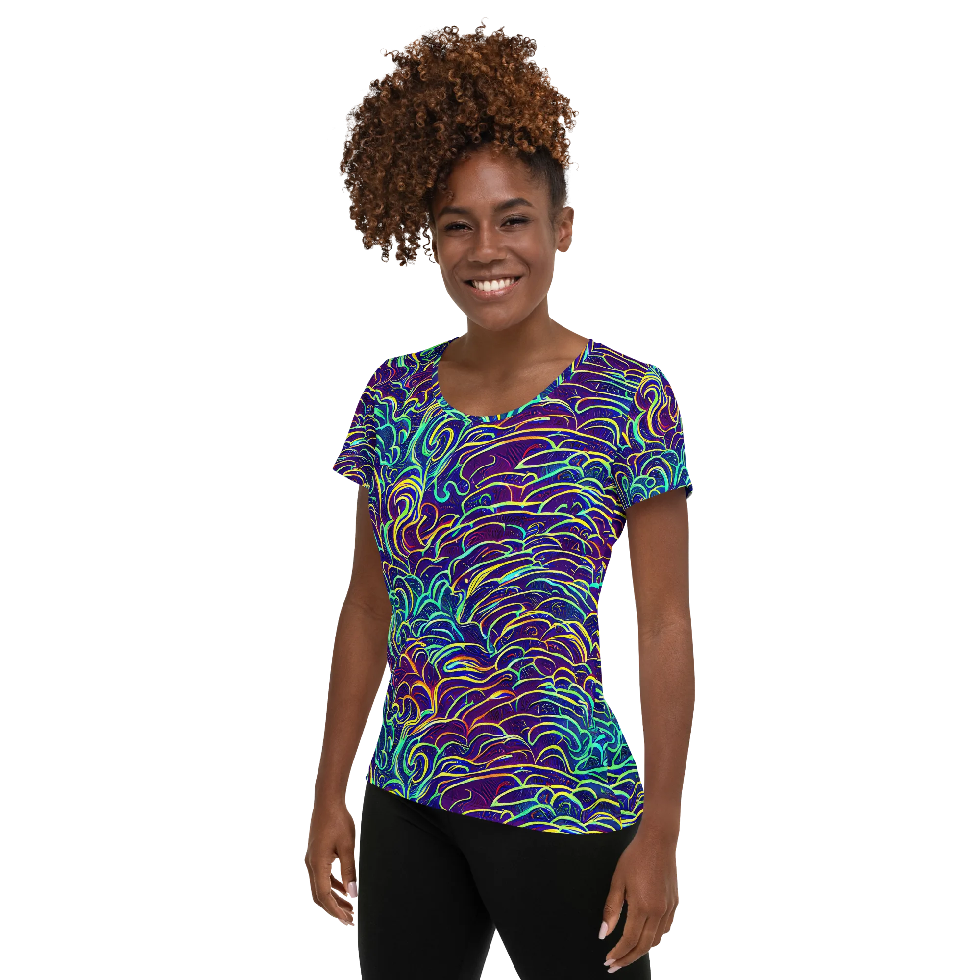 Cosmic Calligraphy on Women's Athletic T-Shirt — Left