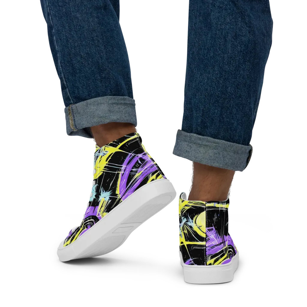 Blacklight Frenzy on Men's High Top Canvas Shoes — Back