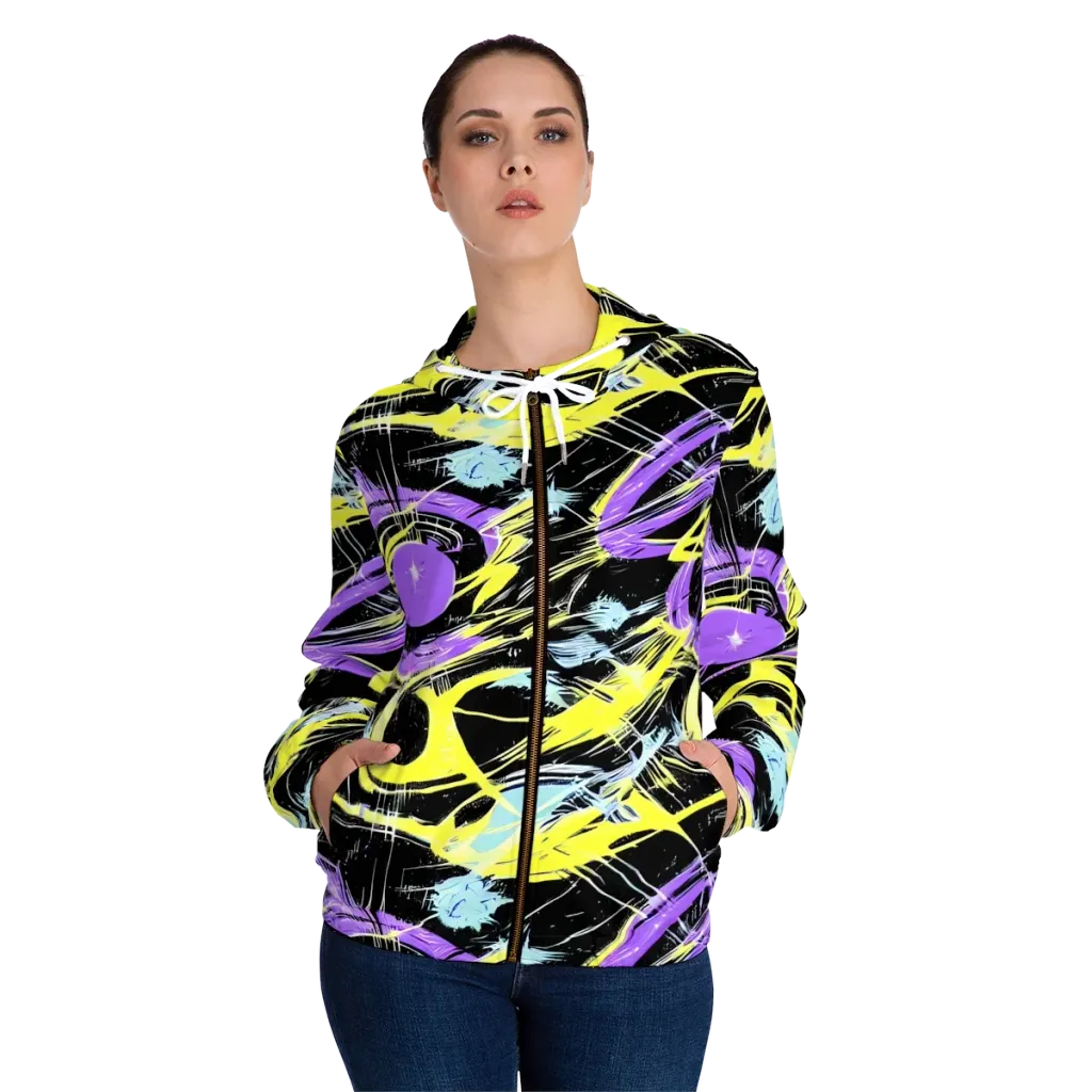 Blacklight Frenzy on Women's Full-Zip Hoodie — Front On Person