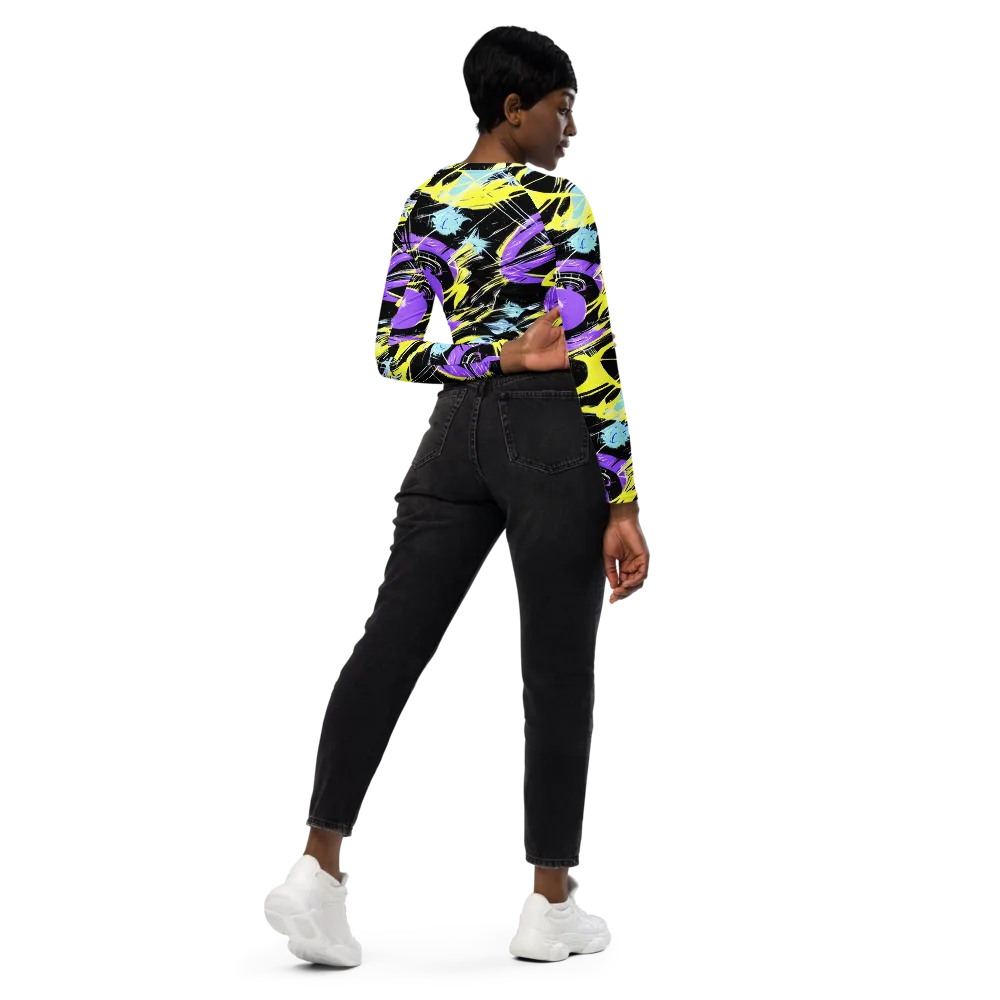 Blacklight Frenzy on Long Sleeve Crop Top — Right Back