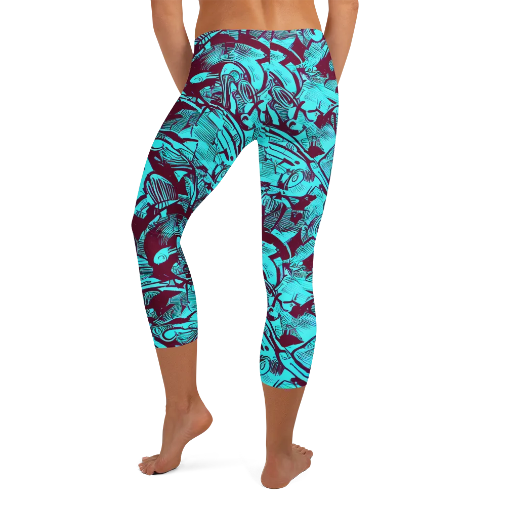 Burgundy Tropics on Capri Leggings — Back