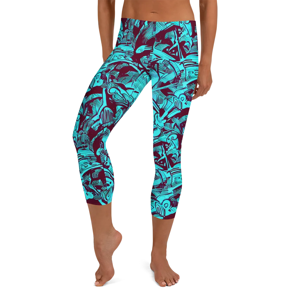Burgundy Tropics on Capri Leggings — Front