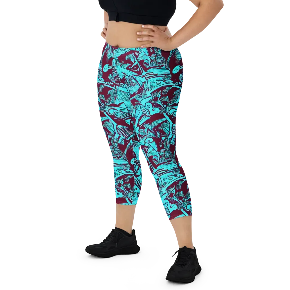 Burgundy Tropics on Capri Leggings — Front