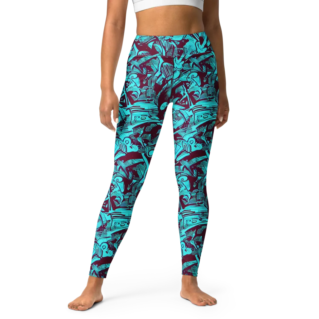 Burgundy Tropics on Yoga Leggings — Front