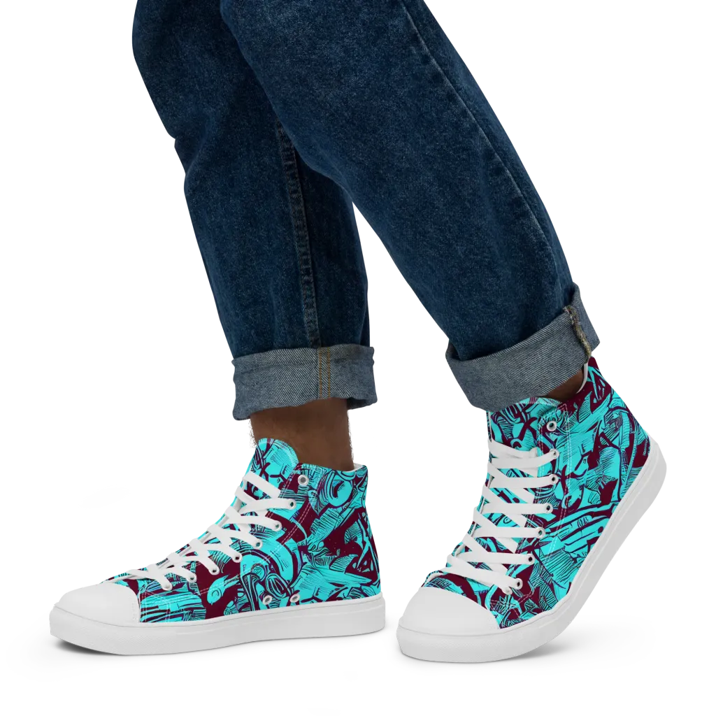 Burgundy Tropics on Men's High Top Canvas Shoes — Left