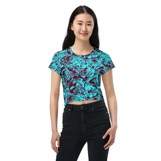 Burgundy Tropics on a Crop Tee