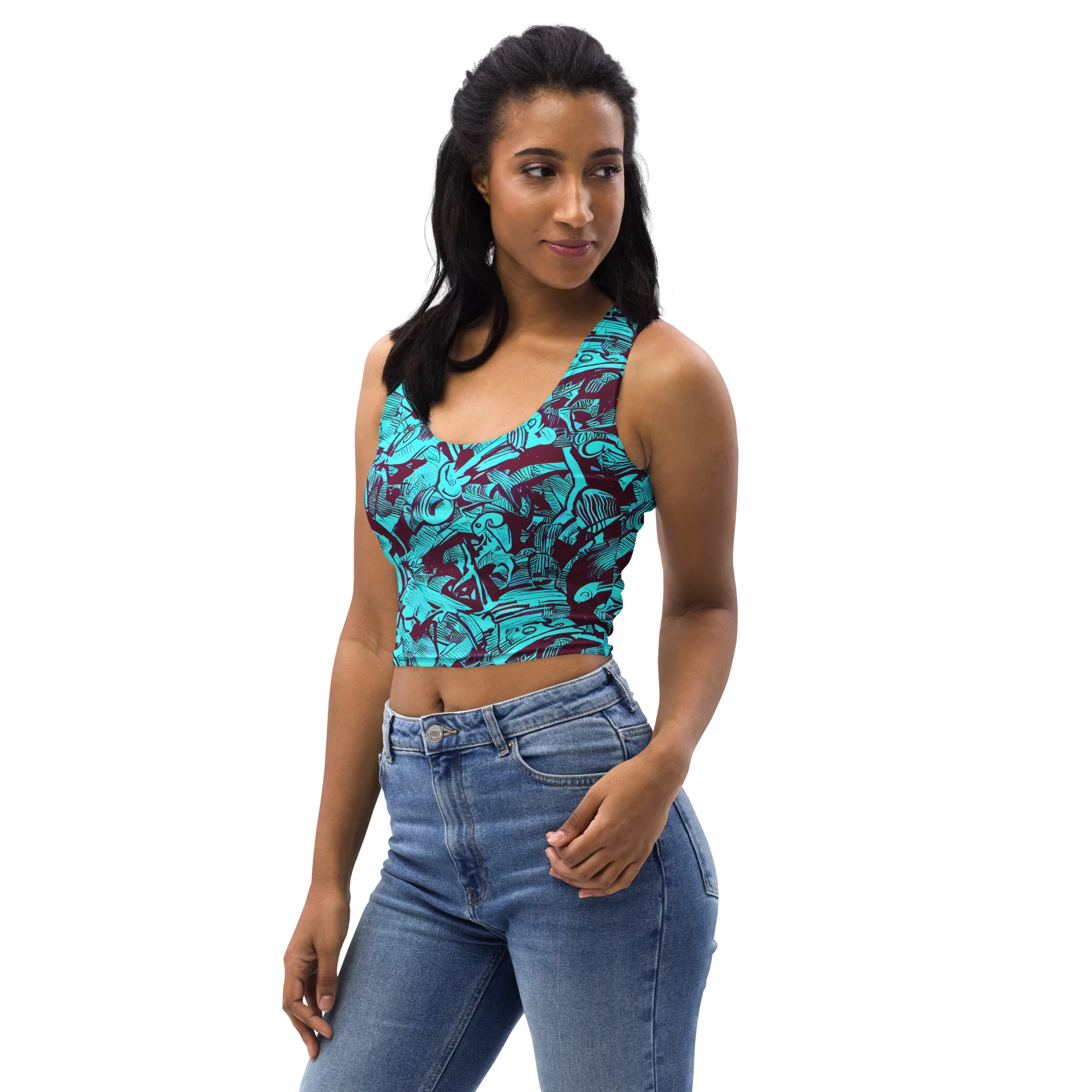 Burgundy Tropics on Crop Top — Left Front