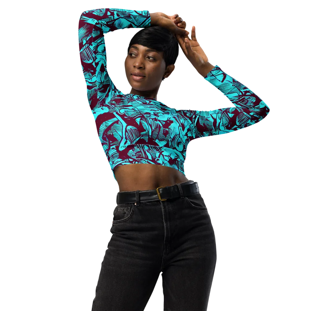 Burgundy Tropics on Long Sleeve Crop Top — Front