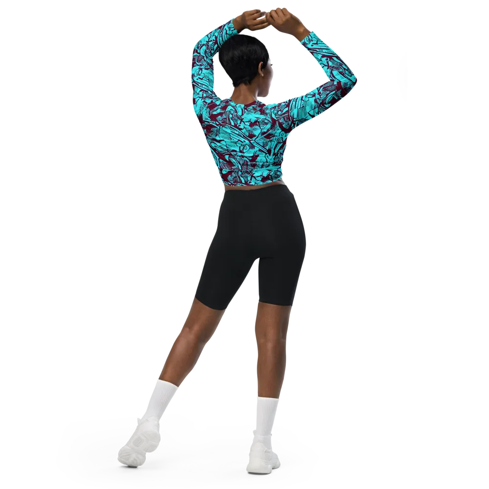 Burgundy Tropics on Long Sleeve Crop Top — Back