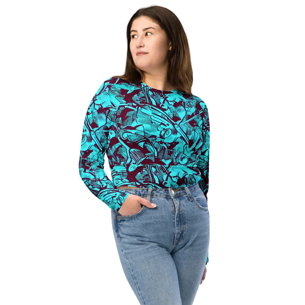 Burgundy Tropics on Long Sleeve Crop Top — Front