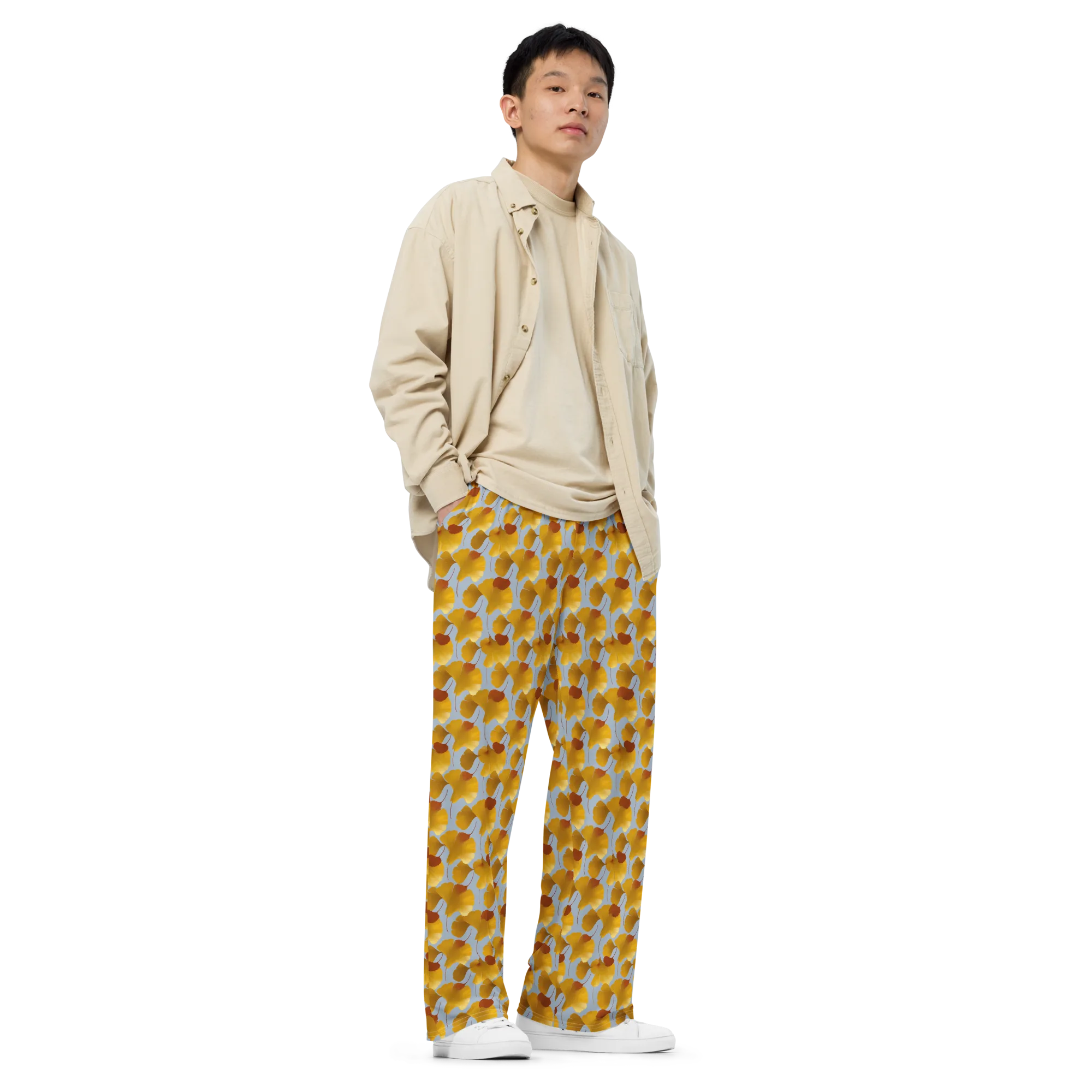 Golden Fan on Wide-Leg Pants — Right Front
