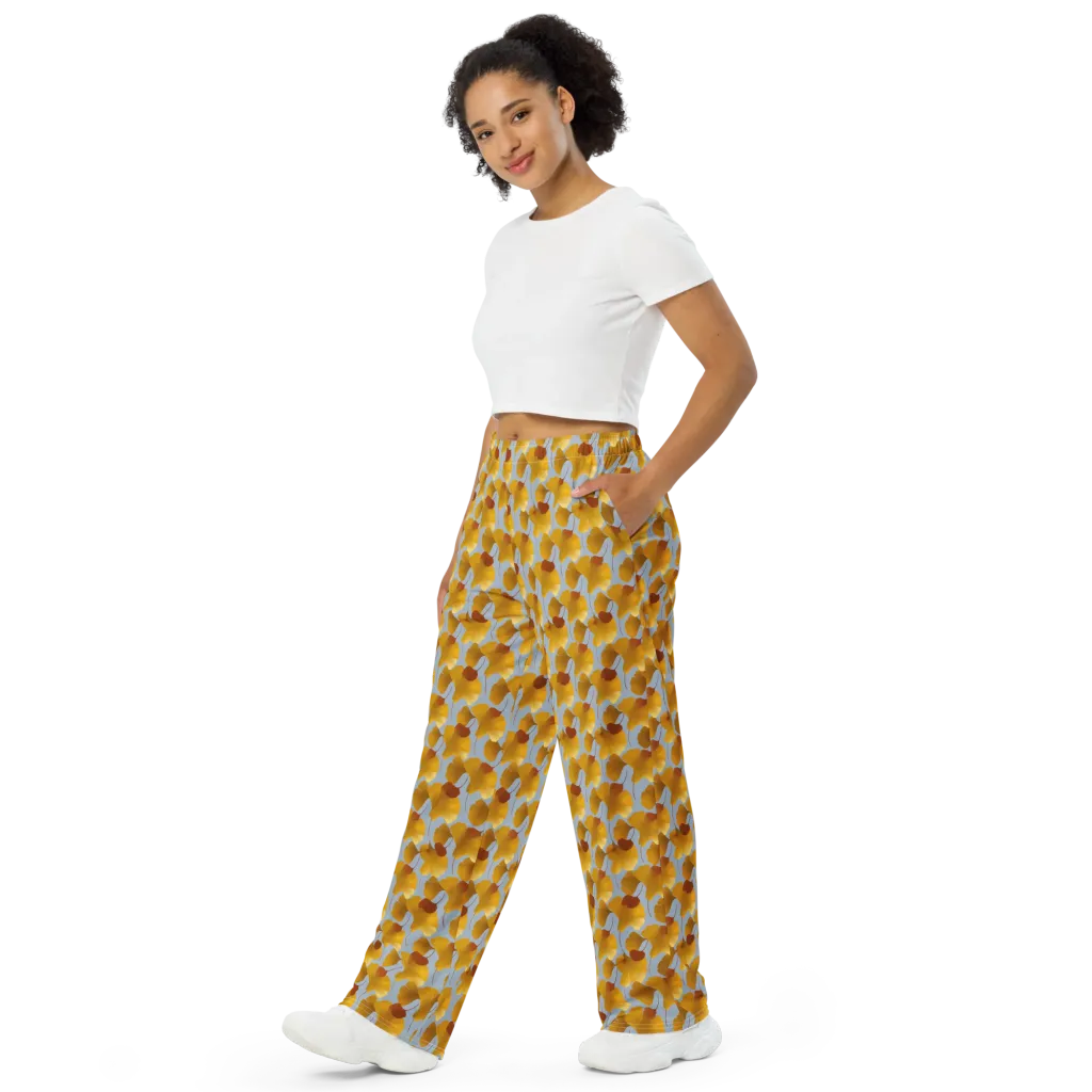 Golden Fan on Wide-Leg Pants — Left Front