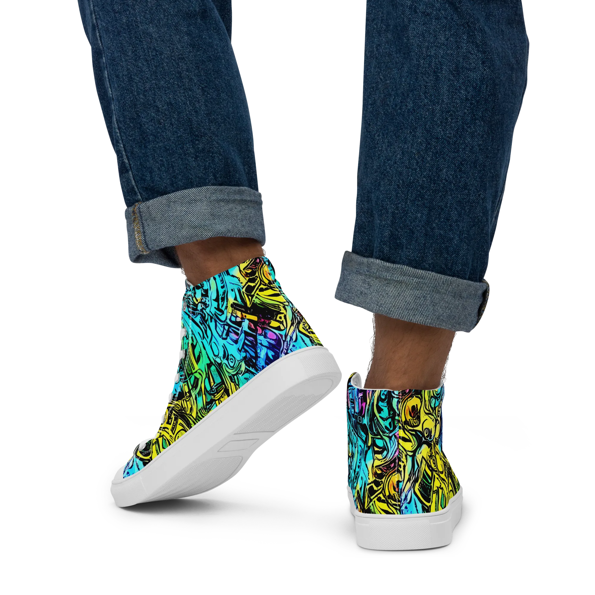Cyan Frenzy on Men's High Top Canvas Shoes — Back