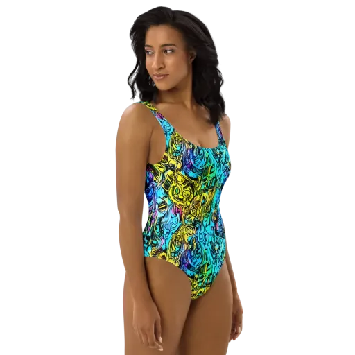 Cyan Frenzy on a One-Piece Swimsuit