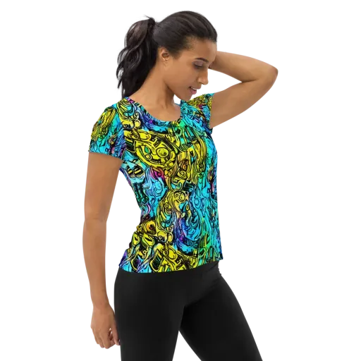 Cyan Frenzy on a Women's Athletic T-Shirt
