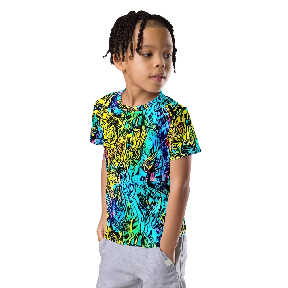 Cyan Frenzy on Kids Crew Neck T-Shirt — Left Front