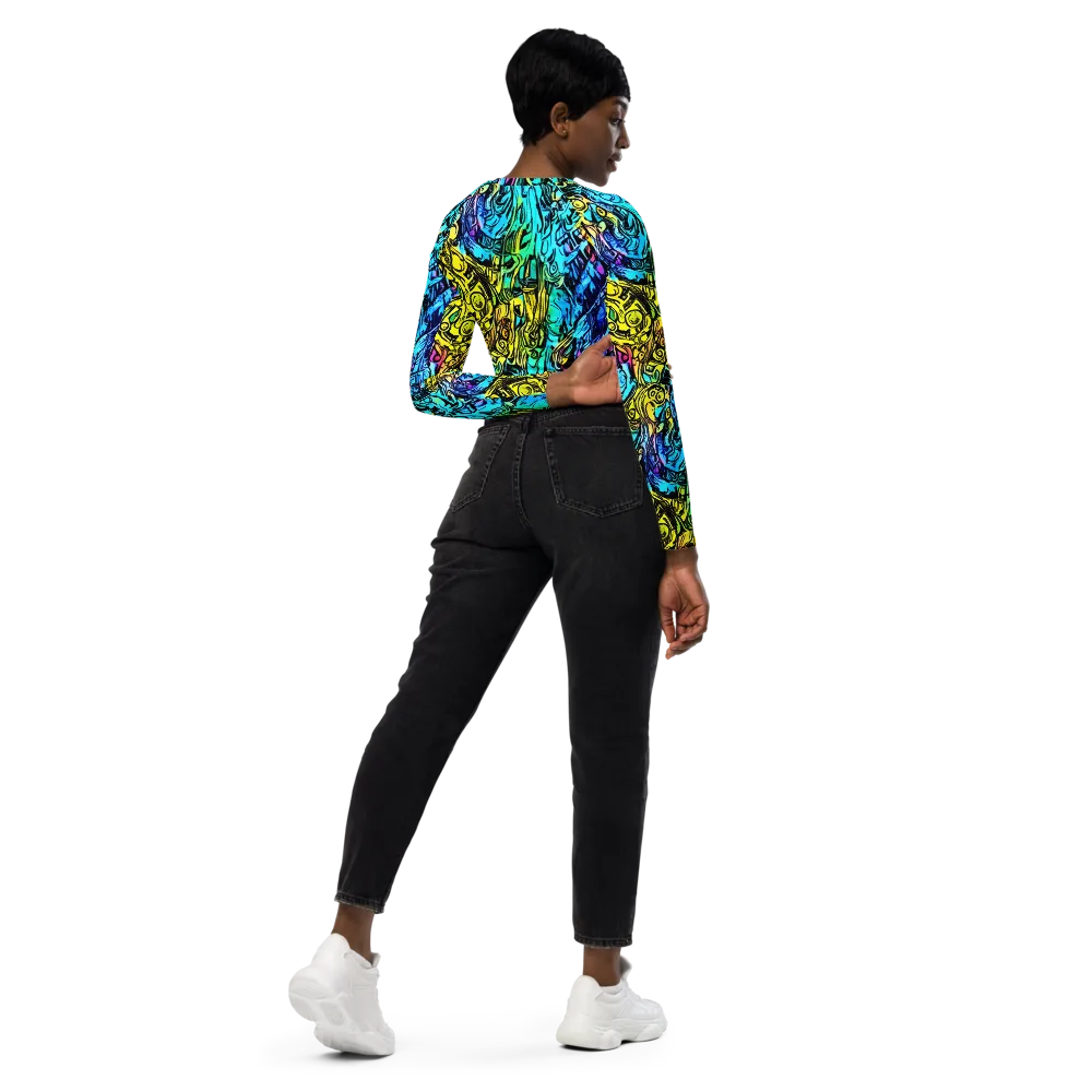 Cyan Frenzy on Long Sleeve Crop Top — Right Back