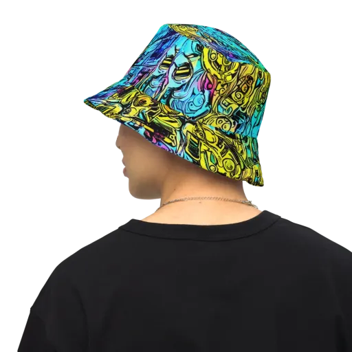 Cyan Frenzy on a Reversible Bucket Hat